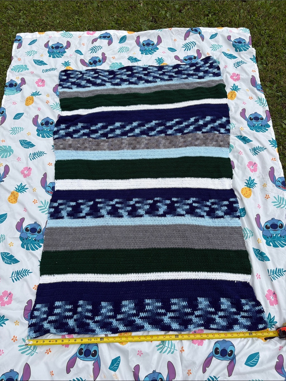 Handmade Striped Knit Throw Blanket in Navy, Gray, Green, White